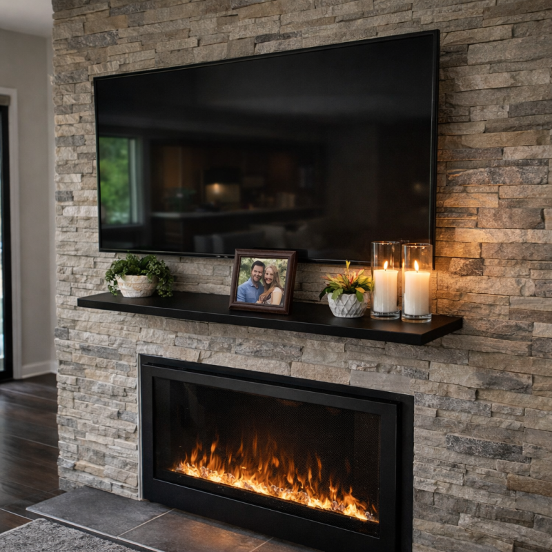 Black Wooden Shelf Fireplace Mantel Under TV  | Picture Hanging Direct