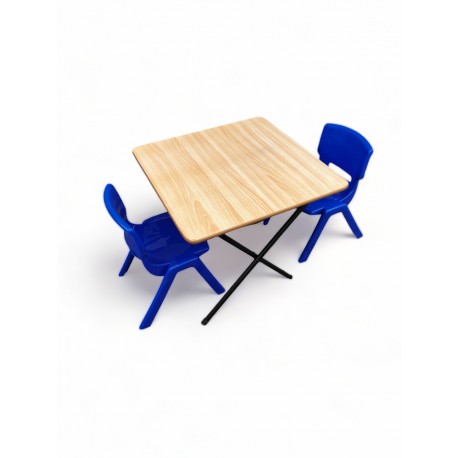 Kids Wooden Folding Table with 2 Stacking Blue Chairs